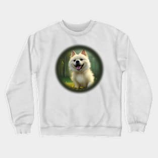 Small white dog runs through a flower field Crewneck Sweatshirt